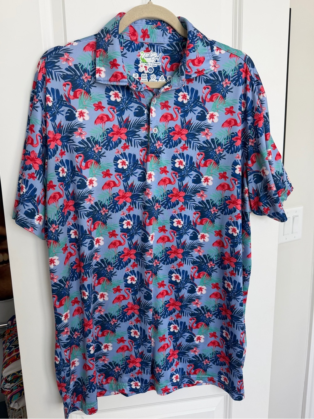 Tailorbyrd Men's Golf Polo Shirt Size XL Blue Flamingo Hawaiian Style SPF 30